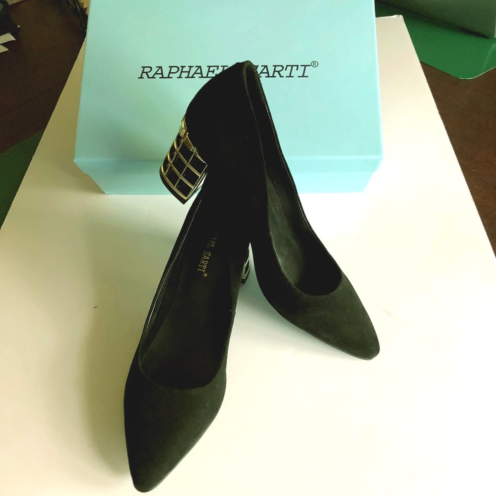 Designer black  suede pump/ gold cage block heel